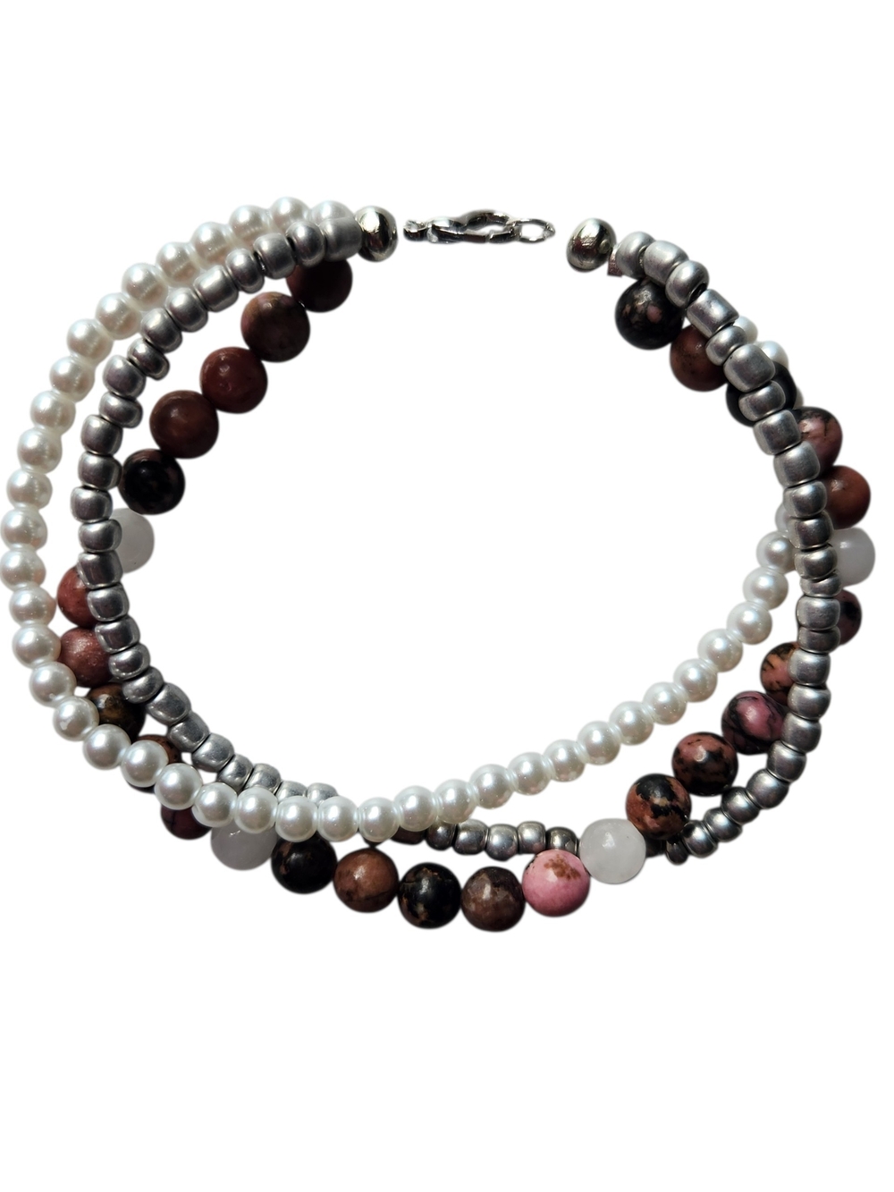 Multi-Strand Pearl, Silver and Pink Rhodonite & Quartz Bead Bracelet